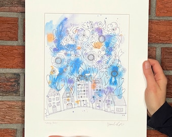 Lovely Town Watercolor & Ink Art Print, gift for neighbor, hostess gift, gift for the newlywed