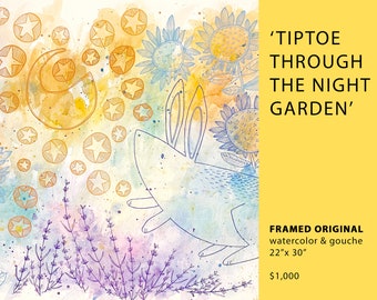 Tiptoe Through the Night Garden, Original Watercolor and Gouache Painting, framed