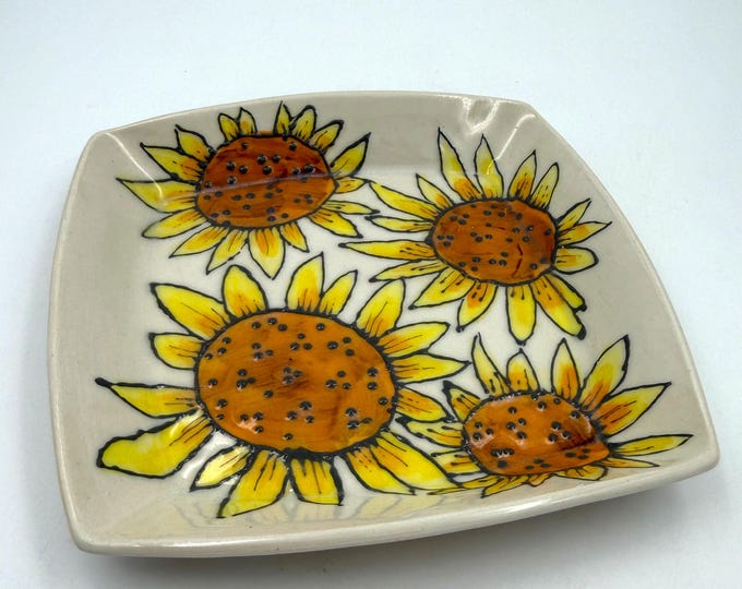 Featured listing image: Handbuilt Square Ceramic Tray – Sunflower Design