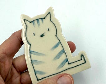 Gray Stripe Kitty Cat Ceramic Magnet, handmade and handpainted