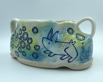 Tiptoe Sculptural Oval Vase, Rabbit and Floral, Moon and Stars Centerpiece