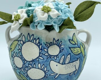 'Tiptoe' Rabbit Sculpted Ceramic Vase, Rabbit with floral and leaf design