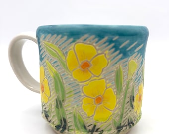 Trailside Mug #2, Yellow Flowers with Matte Finish, Handmade Ceramic Mug