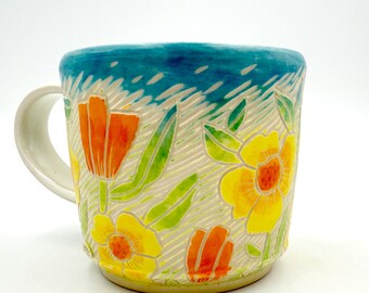 Trailside Mug #3, Yellow Flowers and Tulips with Matte Finish, Handmade Ceramic Mug