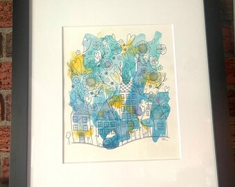 Lovely Town no.4, original watercolor and ink painting 8.5"x10.5", premium custom matted, in 14"x18" black wood frame