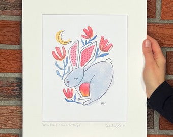 Moon Rabbit and the Wild Tulips, Watercolor and Gouache Art Print, matted and signed, gift for gardener, gift for tulip lover