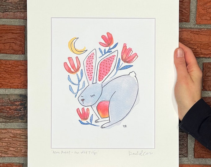 Featured listing image: Moon Rabbit and the Wild Tulips, Watercolor and Gouache Art Print, matted and signed, gift for gardener, gift for tulip lover