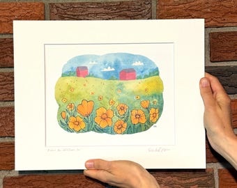 Behind the Wildflower Inn, Watercolor and Gouache Art Print, matted and signed, gift for gardener, gift for mountain biker or hiker