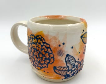 Pink Zinnia Handmade Ceramic Mug, pink and orange floral design