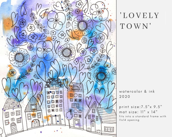 Lovely Town Watercolor & Ink Art Print