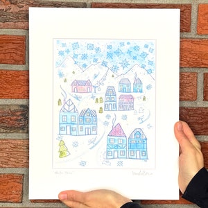 Winter Town Watercolor and Gouache Art Print, matted and signed, gift for the skier, gift for new home