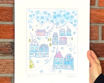Winter Town Watercolor and Gouache Art Print, matted and signed, gift for the skier, gift for new home