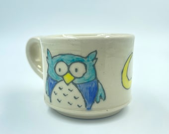 Owl and Moon Cocoa Cup, handmade mug, cup for kids, gift for toddler, gift for bird lover