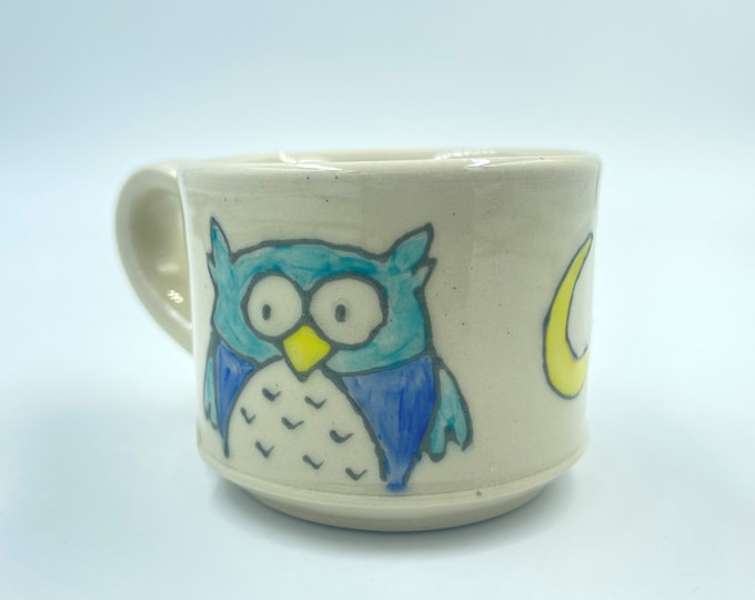 Owl and Moon Cocoa Cup, handmade mug, cup for kids, gift for toddler, gift for bird lover
