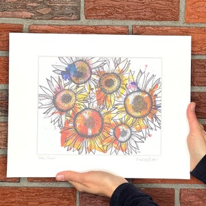 Faith&#39;s Flowers Watercolor & Ink Art Print, gift for sunflower lover, gift for gardener