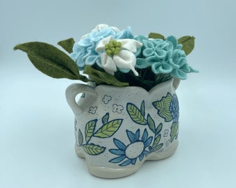 Ceramic Sculptural Vase, Blue Zinnia Hydrangea Floral and Leaf design