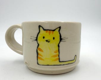 Handmade Kitty Cat Cocoa Cup, White Stoneware Pottery, Turquoise Interior