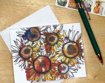 Faith's Flowers Notecards Set, 5 blank cards with envelopes, hostess gift, gift for sunflower lover, thank you notes, watercolor and ink