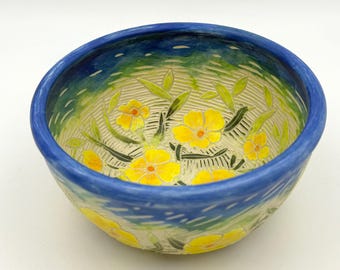 Trailside Bowl #4, Yellow Flowers with Matte Finish, Handmade Ceramic Bowl