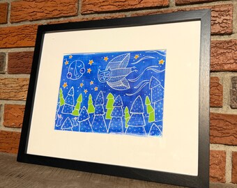 Night Owl Watercolor Gouache Painting, Matted Black Wood Frame, 6x9