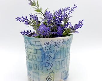Lovely Town Cylinder Vase, Handmade Ceramic Vase