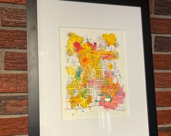Lovely Town no.5, original framed Watercolor and Ink Painting