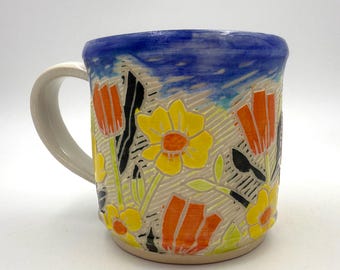 Trailside Mug #6, Yellow Flowers and Tulips with Shiny Finish, Handmade Ceramic Mug