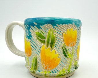 Trailside Mug #1, Yellow Paintbrush Flowers with Matte Finish, Handmade Ceramic Mug