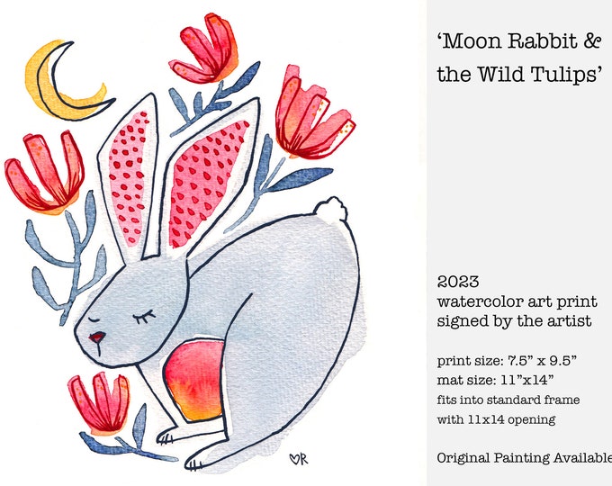 Moon Rabbit and the Wild Tulips, Watercolor and Gouache Art Print, matted and signed