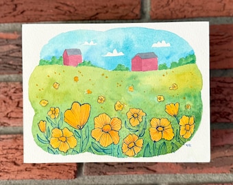 Behind the Wildflower Inn, Original Watercolor & Gouache Painting, 6"x8" hand mounted watercolor paper on cradle birch panel