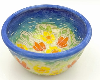 Trailside Bowl #3, Yellow and Orange Flowers with Matte Finish, Handmade Ceramic Bowl