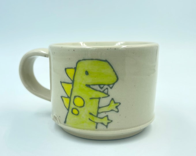 Dinosaur Cocoa Cup, small aqua and white children's cup, hot chocolate mug, toddler cup