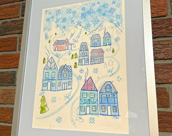 Featured listing image: Winter Town Watercolor Gouache Painting, Silver Frame 16"x20"