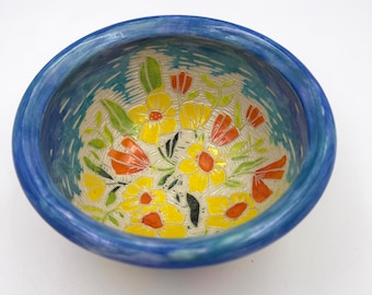 Trailside Bowl #5, Yellow and OrangeFlowers with Shiny Finish, Handmade Ceramic Bowl