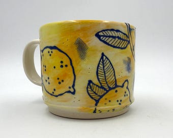 Handmade Lemon Ceramic Mug, White Stoneware Pottery, Hand-Carved Details