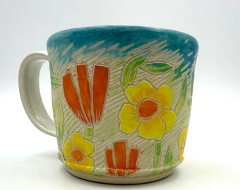 Trailside Mug #4, Yellow Flowers and Tulips with Matte Finish, Handmade Ceramic Mug