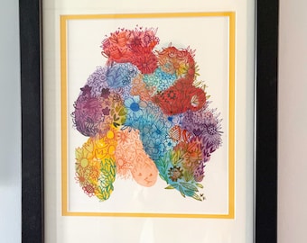 In Her Thoughts(Mom Brain no. 1), Original Watercolor and Gouache Floral Painting, Framed