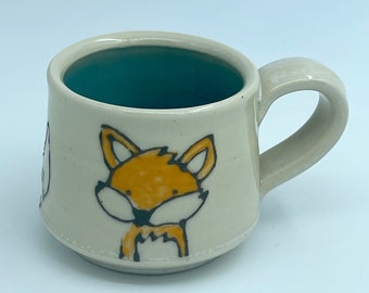 Fox Cocoa Cup, small turquoise and white children's cup, hot chocolate mug, toddler cup, orange, forest woodland decor