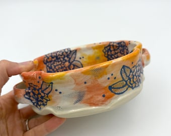 Sculptural Oval Platter, handpainted Pink Zinnia original design, handmade ceramic kitchen accessory