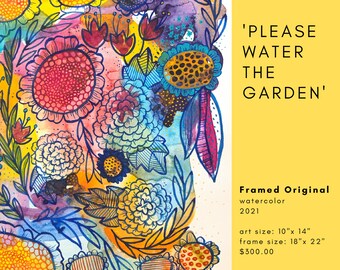 Please Water the Garden, original framed Watercolor Painting