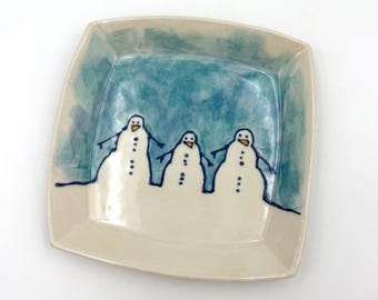Snowmen Melt Square Cookie Tray, Handmade Platter