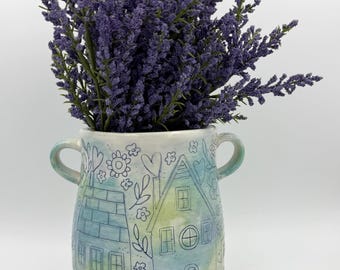 Lovely Town Vase with handles, Handmade Ceramic Vase