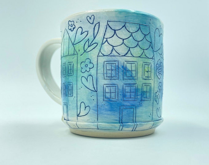 Lovely Town Mug handpainted functional pottery, hostess gift, housewarming gift, handmade coffee mug, illustrated ceramic mug, tea cup