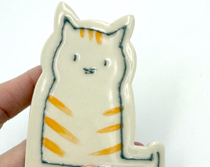 Featured listing image: Kitty Cat Ceramic Magnet with Orange Stripes, handmade and handpainted