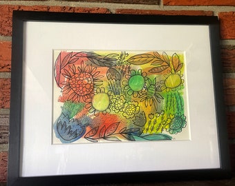 Heart with Nature, from the 'Garden Poetry' Collection, original watercolor and ink 7"x10" matted in 11"x14" black wood frame