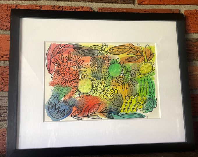 Featured listing image: Heart with Nature, from the 'Garden Poetry' Collection, original watercolor and ink 7"x10" matted in 11"x14" black wood frame