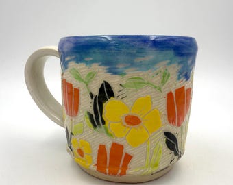 Trailside Mug #5, Yellow Flowers and Tulips with Shiny Finish, Handmade Ceramic Mug