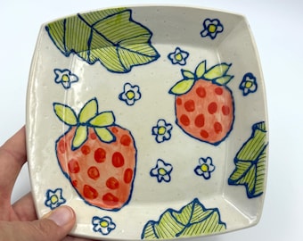 Handbuilt Square Ceramic Tray – Strawberry Field Design, Mishima Carved Details