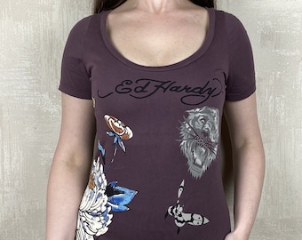 Ed Hardy by Christian Audigier Floral Vintage Mini Dress Purple Tunic Made in USA Size M