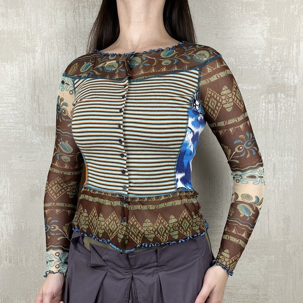 LuLu.H Paris Y2K 00's Mesh Sleeve Patchwork Top Women's Cardigan Size L